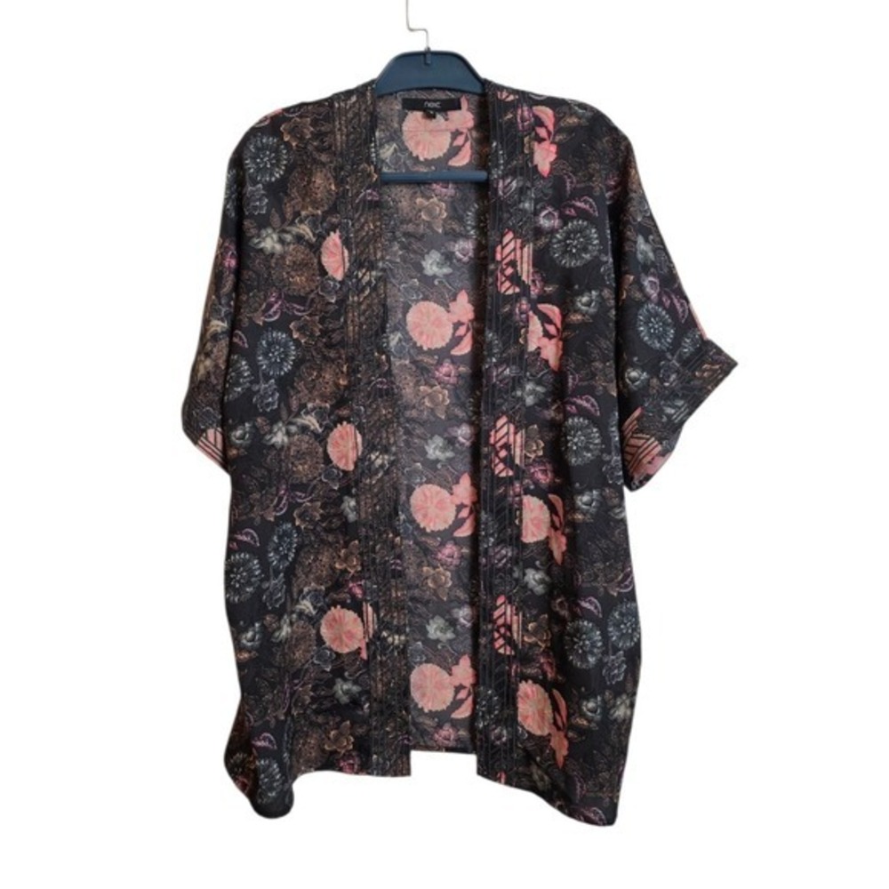 Next Floral Kimono Wrap Women 14 Black Pink Pintuck Open Front Cardigan - Picture 3 of 13